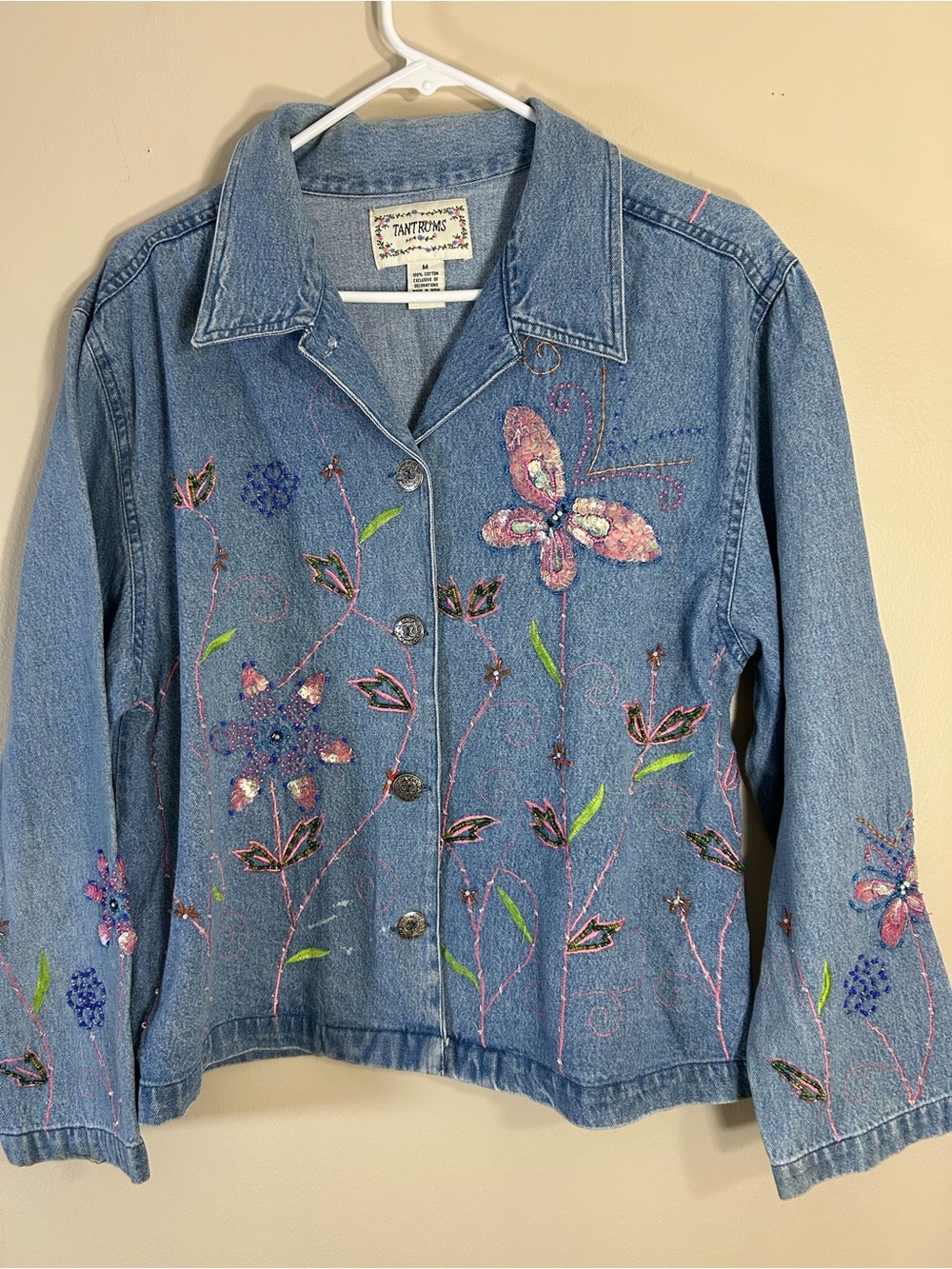 Y2K Vintage Tantrums Embroidered Denim Jacket - Floral & Butterfly - Size M